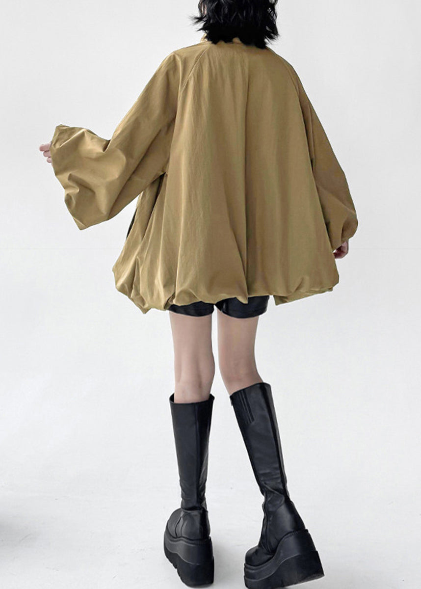 Simple Khaki Stand Collar Zip Up Pockets Jacket Fall