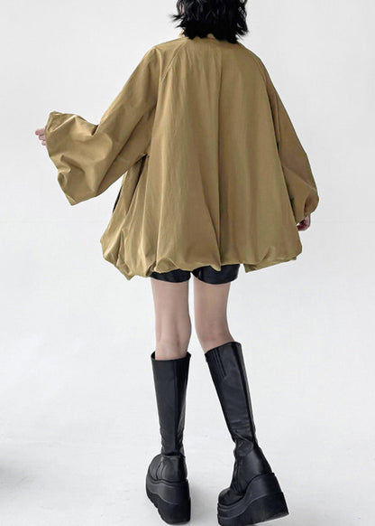 Simple Khaki Stand Collar Zip Up Pockets Jacket Fall