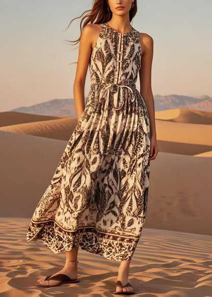 Simple Khaki Tie Waist Print Cotton Maxi Dress Sleeveless