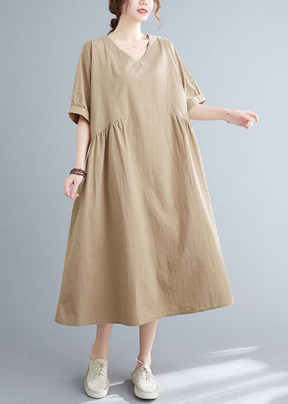 Simple Khaki V Neck Cotton Loose Vacation Dress Short Sleeve
