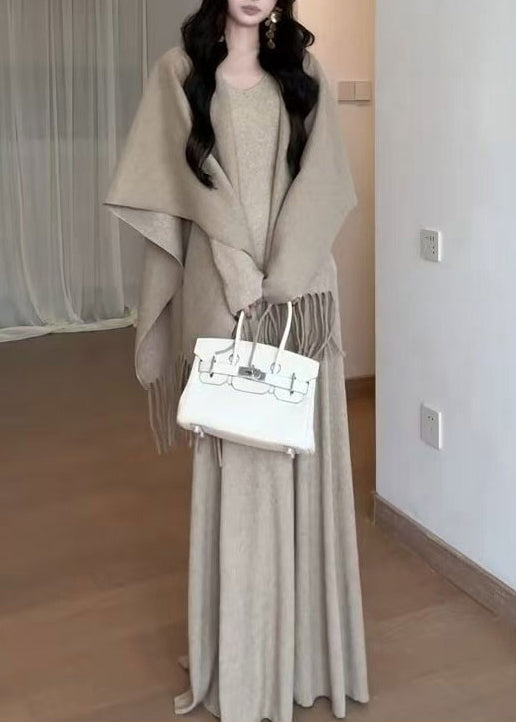 Simple Khaki V Neck Exra Large Hem Knit Long Dresses Spring