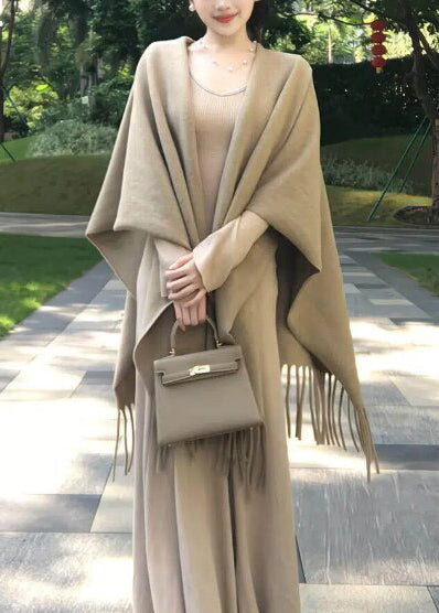 Simple Khaki V Neck Exra Large Hem Knit Long Dresses Spring