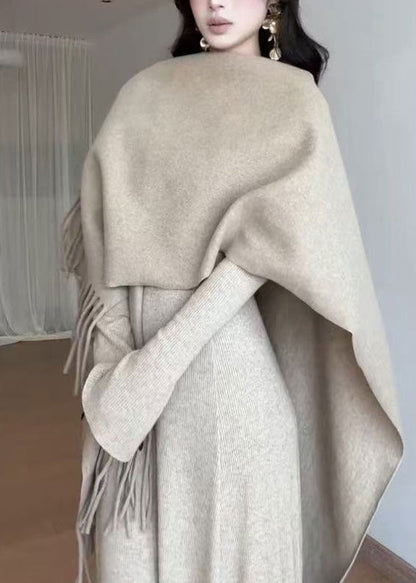 Simple Khaki V Neck Exra Large Hem Knit Long Dresses Spring