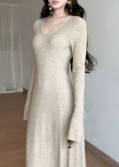 Simple Khaki V Neck Exra Large Hem Knit Long Dresses Spring