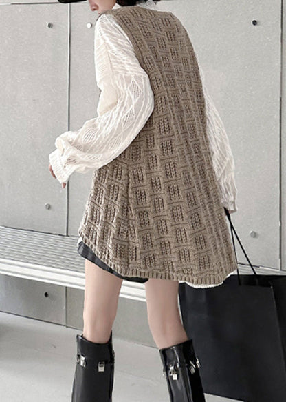 Simple Khaki V Neck Hollow Out Low High Design Knit Waistcoat Spring
