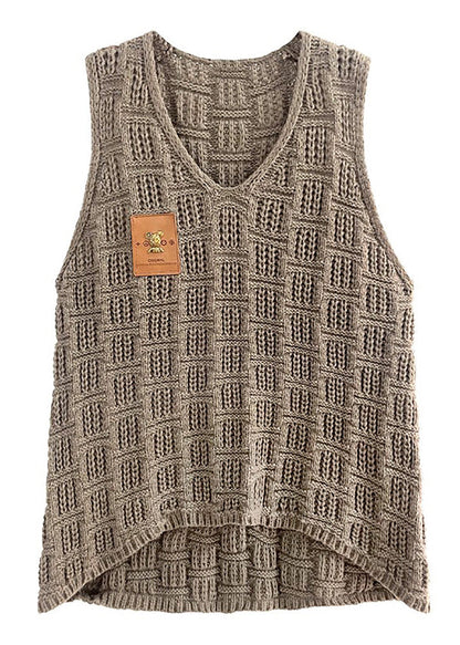 Simple Khaki V Neck Hollow Out Low High Design Knit Waistcoat Spring
