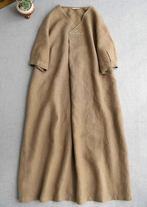 Simple Khaki V Neck Pockets Linen Long Dress Summer