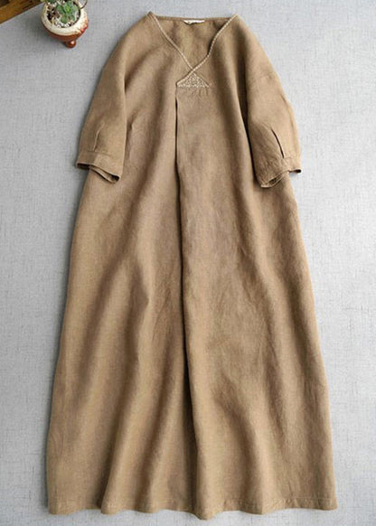 Simple Khaki V Neck Pockets Linen Long Dress Summer