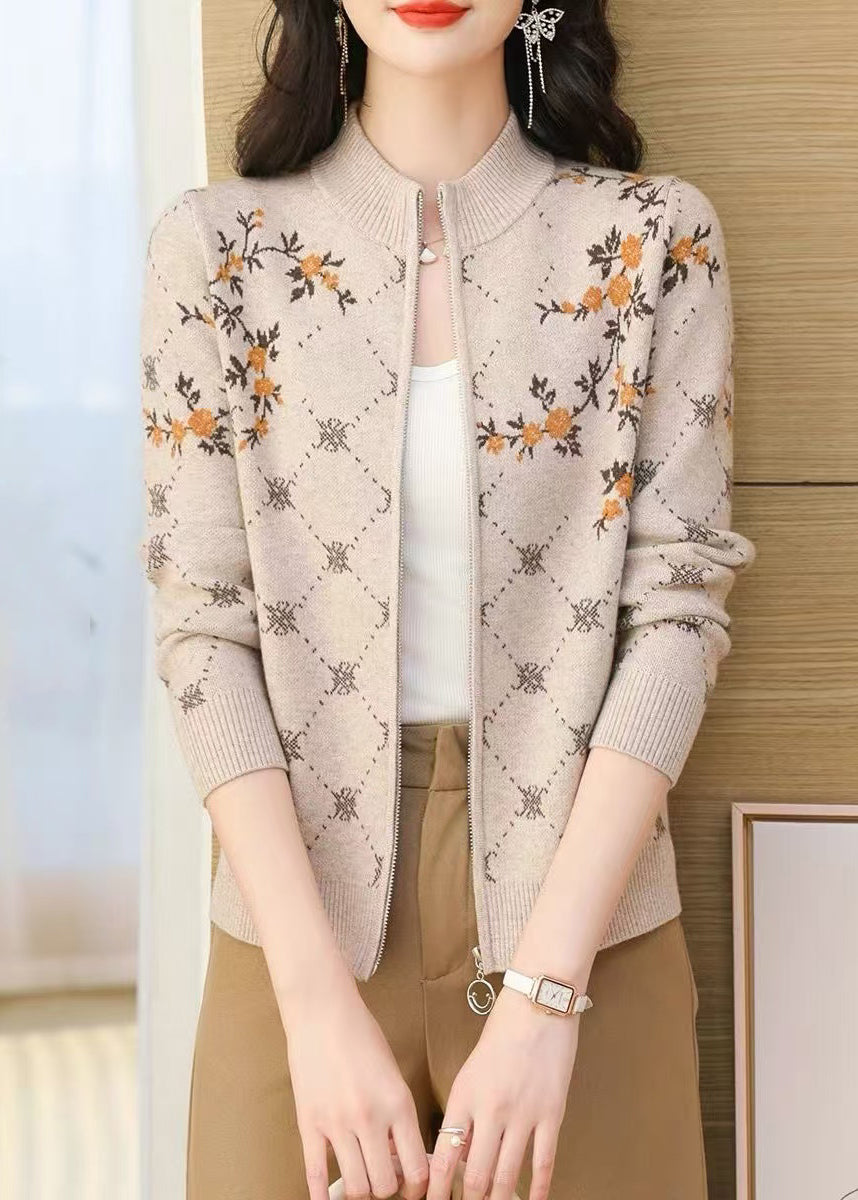 Simple Khaki Zip Up Jacquard Knit Cardigan Fall
