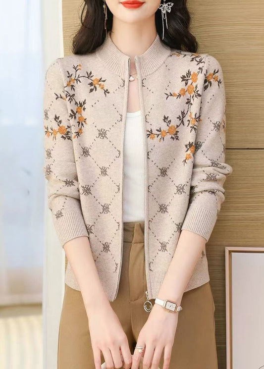 Simple Khaki Zip Up Jacquard Knit Cardigan Fall