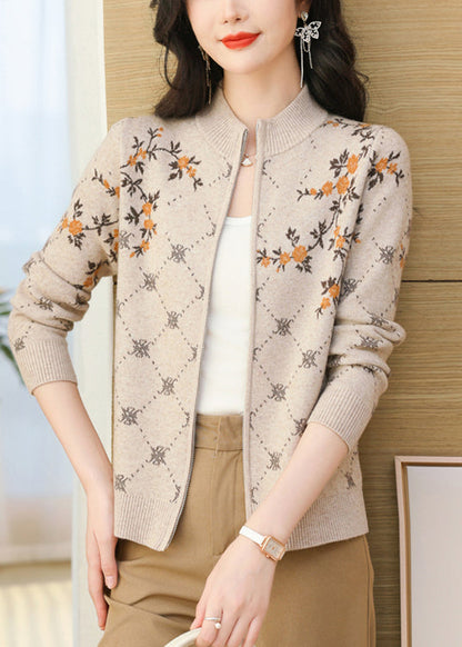 Simple Khaki Zip Up Jacquard Knit Cardigan Fall
