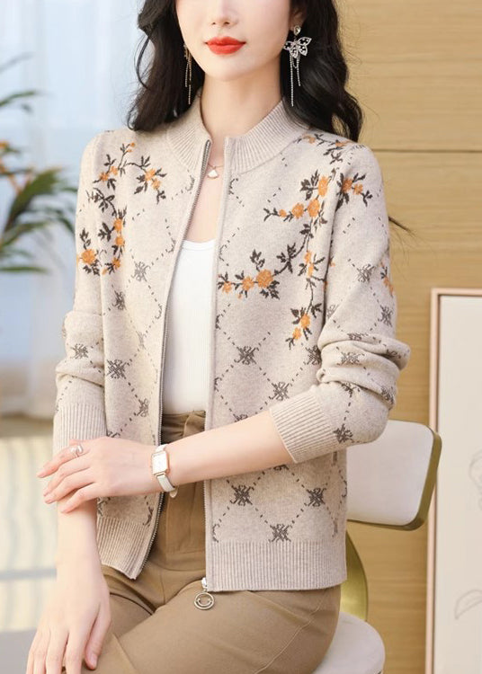 Simple Khaki Zip Up Jacquard Knit Cardigan Fall