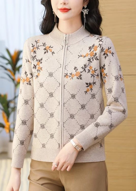 Simple Khaki Zip Up Jacquard Knit Cardigan Fall