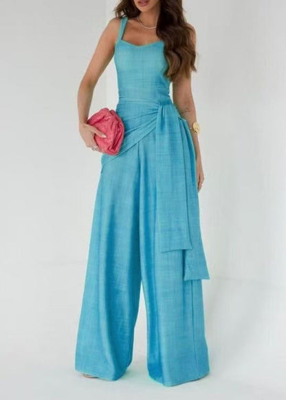 Simple Lake Blue Draped Sash Jumpsuit Sleeveless