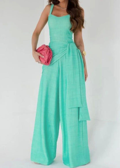Simple Lake Blue Draped Sash Jumpsuit Sleeveless