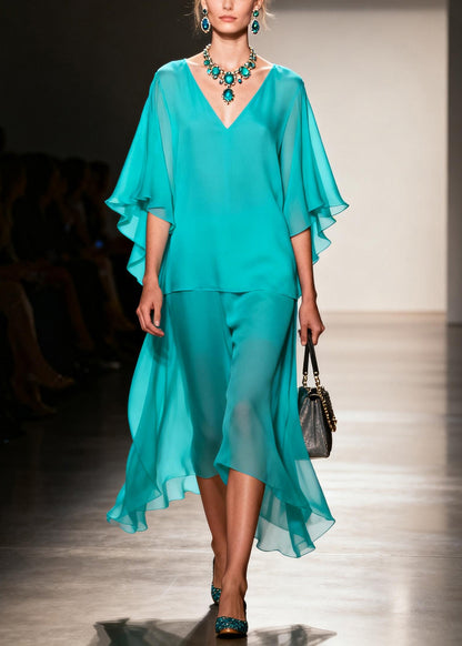 Simple Lake Green Oversized Patchwork Chiffon Fake Two Piece Dresses Summer
