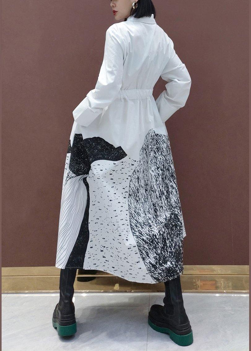 Simple Lapel Drawstring Spring Dresses Work Outfits White Print A Line Dress - SooLinen