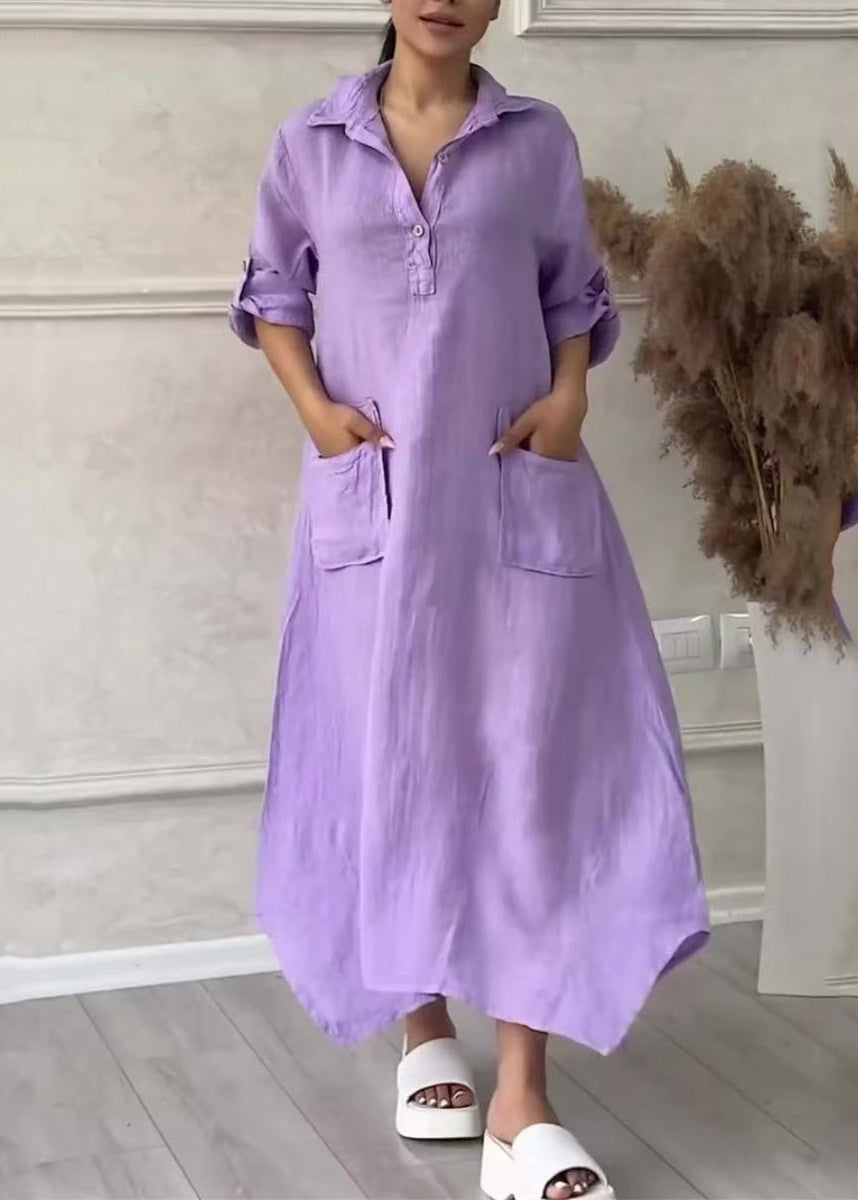 Simple Lavender Peter Pan Collar Pockets Linen A Line Dresses Summer