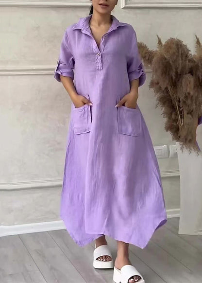 Simple Lavender Peter Pan Collar Pockets Linen A Line Dresses Summer