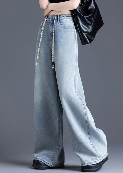 Simple Light Blue Oversized Drawstring Denim Straight Pants Spring