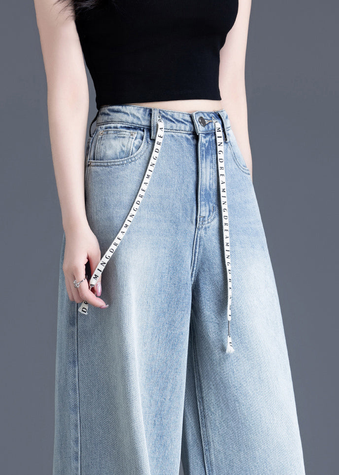 Simple Light Blue Oversized Drawstring Denim Straight Pants Spring
