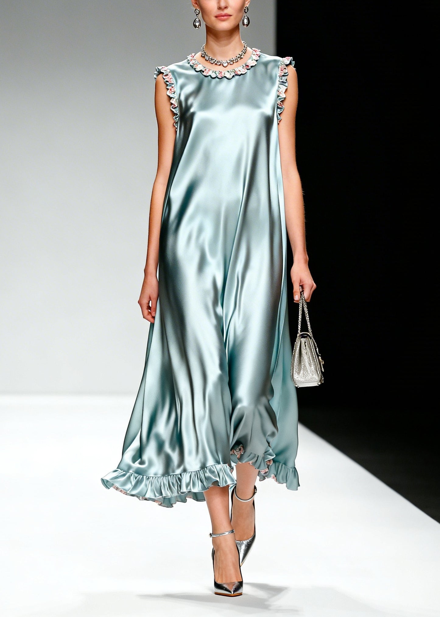 Simple Light Blue Ruffled Patchwork Silk Dress Sleeveless