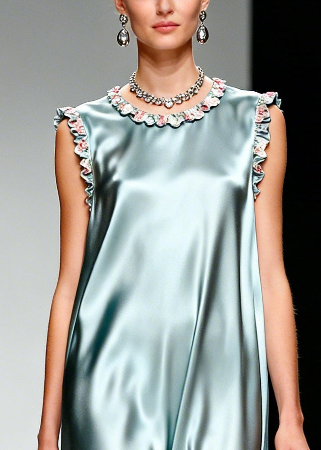 Simple Light Blue Ruffled Patchwork Silk Dress Sleeveless