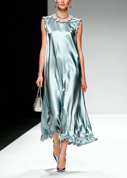 Simple Light Blue Ruffled Patchwork Silk Dress Sleeveless
