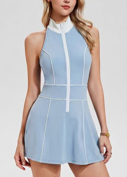Simple Light Blue Stand Collar Built-In Shorts With Pockets Sleeveless Tennis Dress