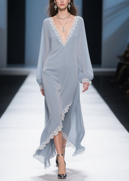 Simple Light Haze Blue Lace Side Open Chiffon Dress Lantern Sleeve