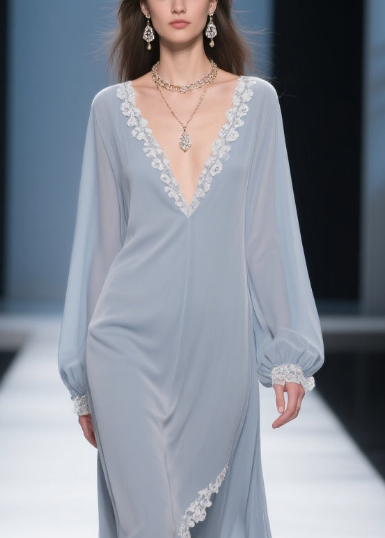 Simple Light Haze Blue Lace Side Open Chiffon Dress Lantern Sleeve