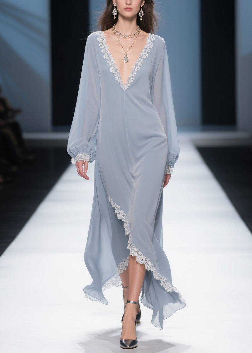 Simple Light Haze Blue Lace Side Open Chiffon Dress Lantern Sleeve