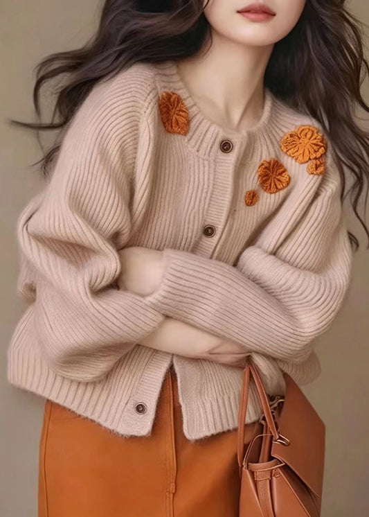 Simple Light Pink Embroidered Floral Knit Cardigan Fall