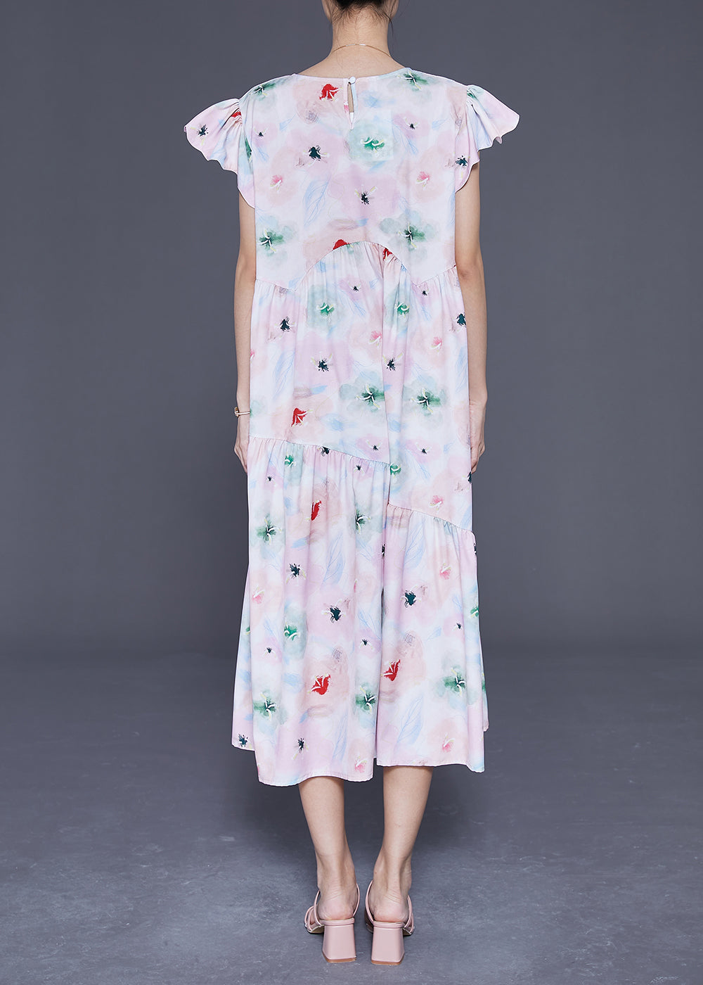 Simple Light Pink Print Patchwork Wrinkled Cotton Holiday Dress Summer