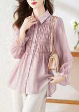 Load image into Gallery viewer, Simple Light Purple Peter Pan Collar Wrinkled Patchwork Button Silk Shirts Long Sleeve