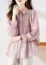 Load image into Gallery viewer, Simple Light Purple Peter Pan Collar Wrinkled Patchwork Button Silk Shirts Long Sleeve