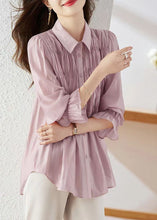 Load image into Gallery viewer, Simple Light Purple Peter Pan Collar Wrinkled Patchwork Button Silk Shirts Long Sleeve