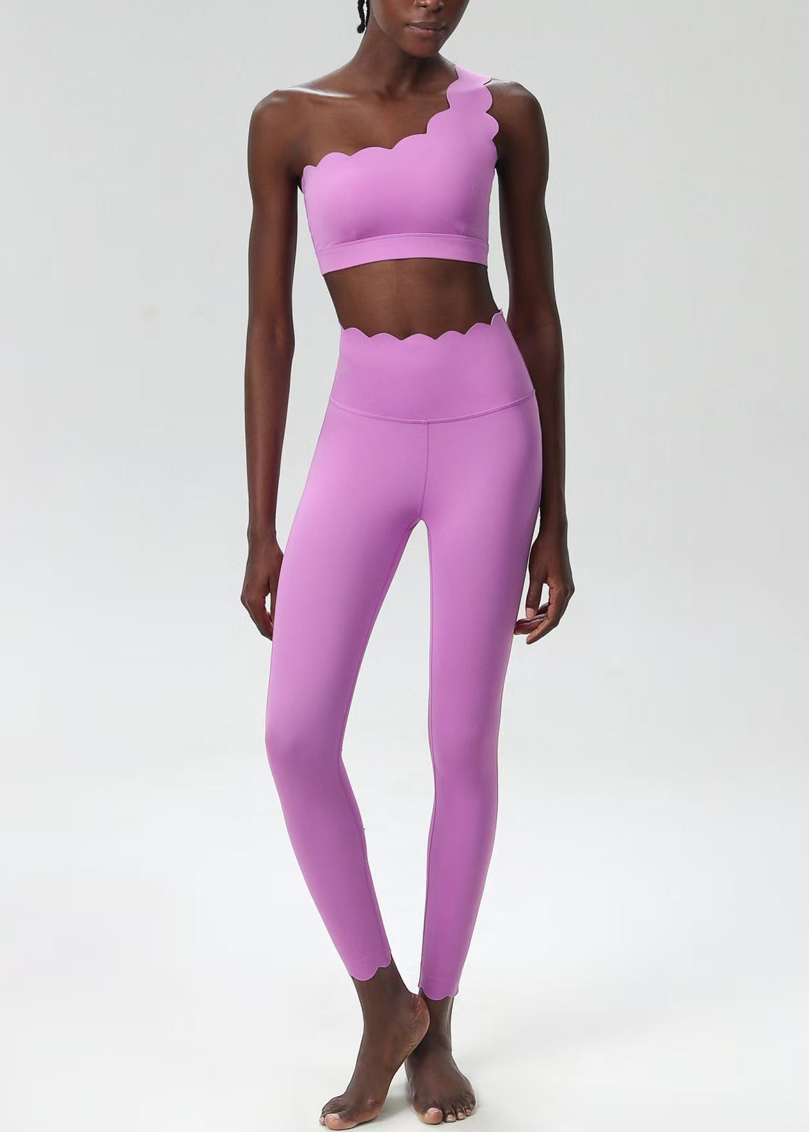 Simple Light Purple Scalloped One Shoulder Sleeveless Sports Bra And Leggings Set Suit