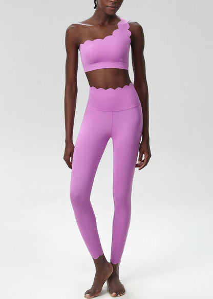 Simple Light Purple Scalloped One Shoulder Sleeveless Sports Bra And Leggings Set Suit