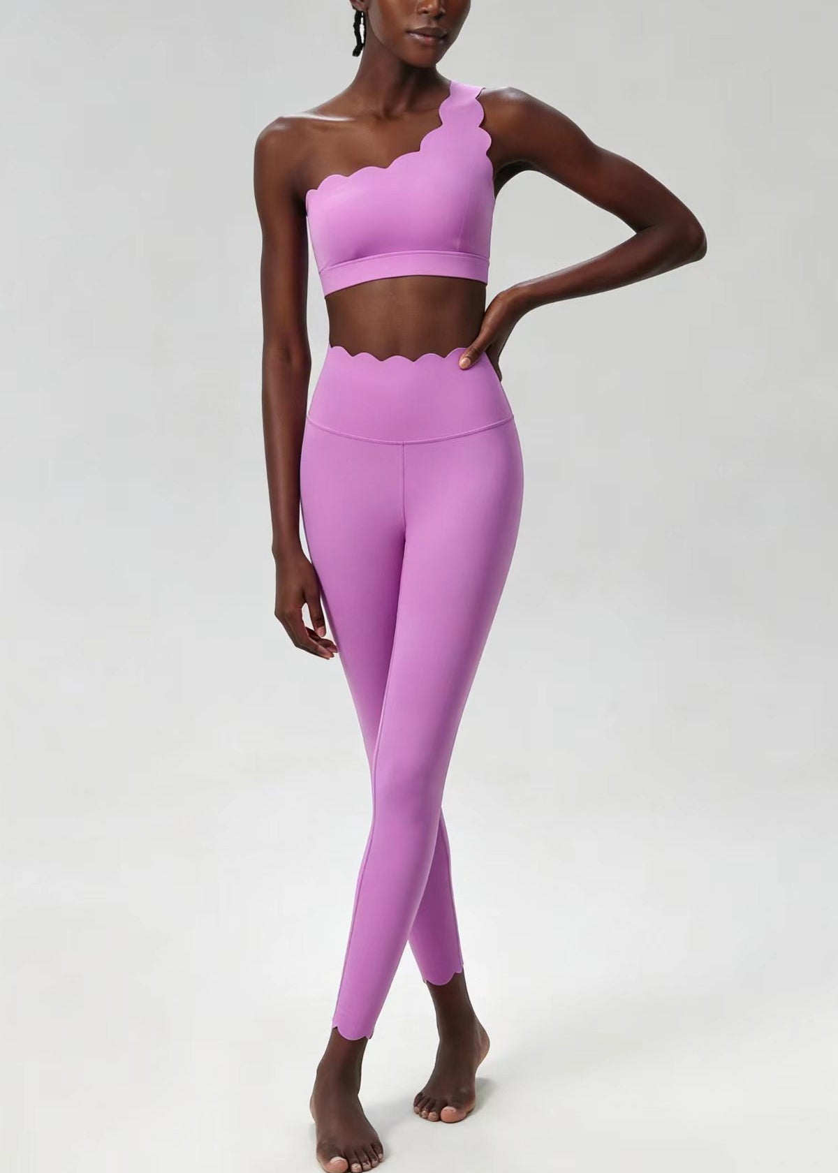 Simple Light Purple Scalloped One Shoulder Sleeveless Sports Bra And Leggings Set Suit