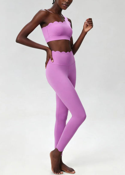 Simple Light Purple Scalloped One Shoulder Sleeveless Sports Bra And Leggings Set Suit
