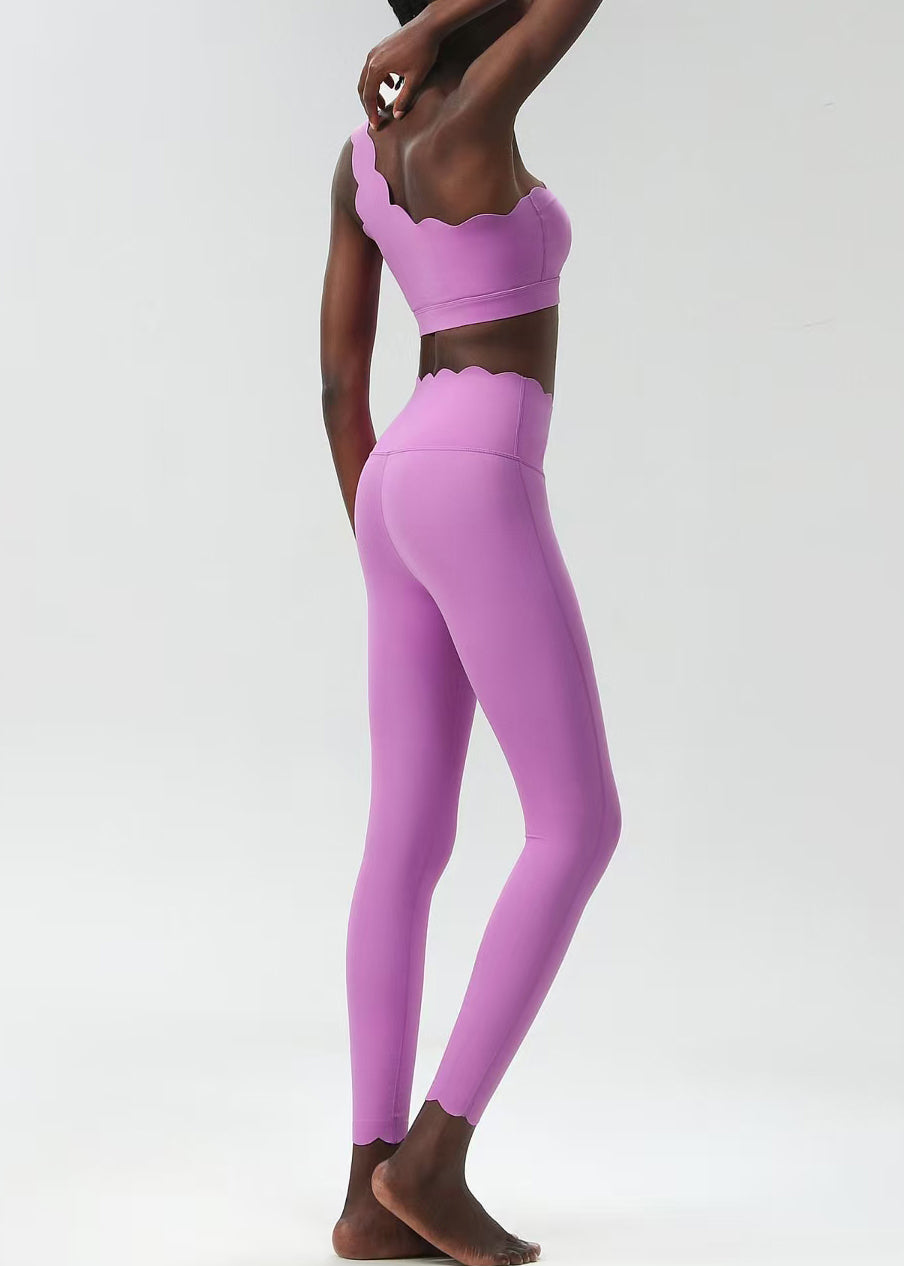 Simple Light Purple Scalloped One Shoulder Sleeveless Sports Bra And Leggings Set Suit