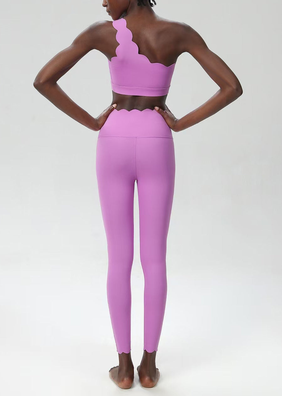 Simple Light Purple Scalloped One Shoulder Sleeveless Sports Bra And Leggings Set Suit