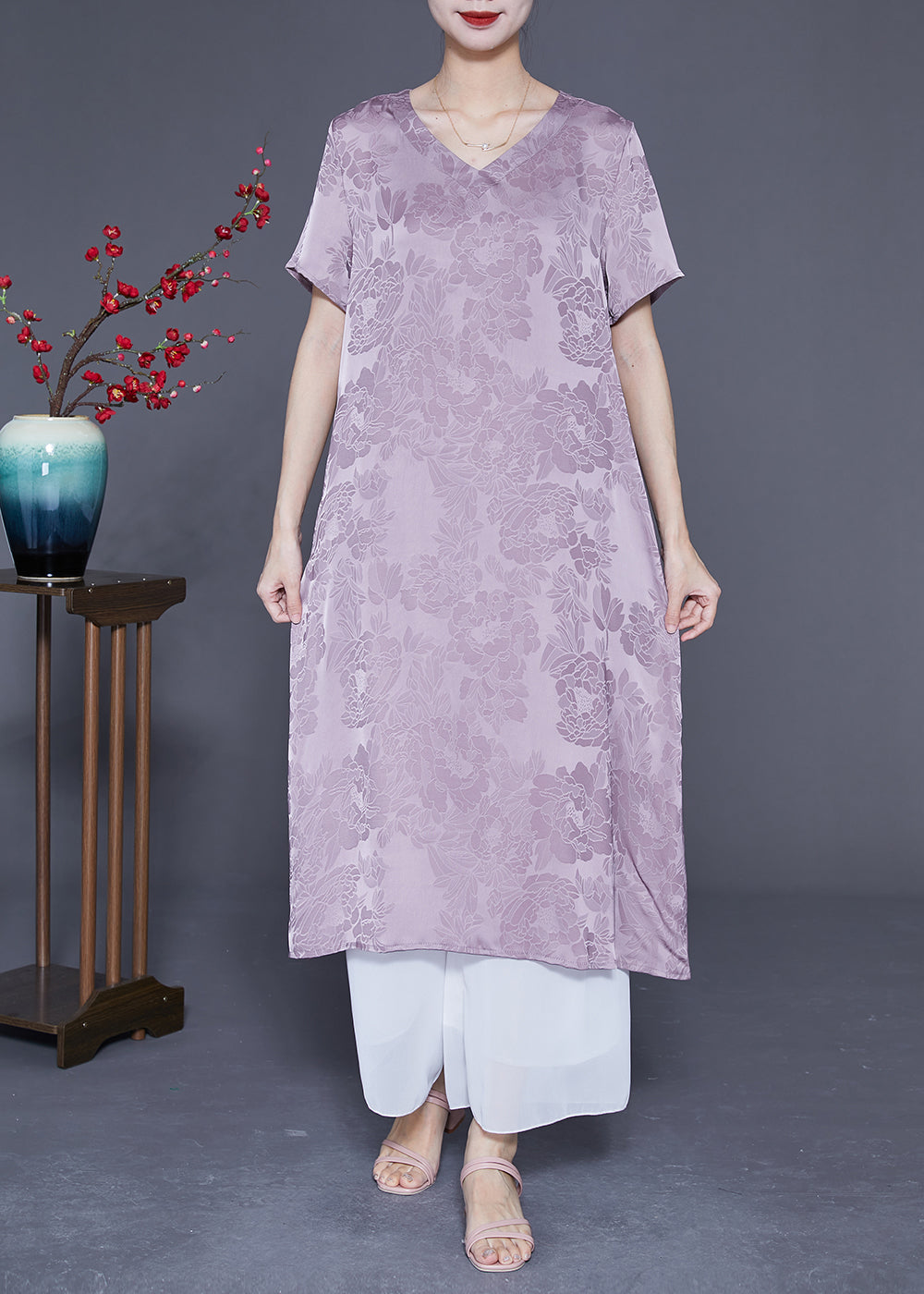 Simple Light Purple V Neck Jacquard Silk Vacation Dresses Summer