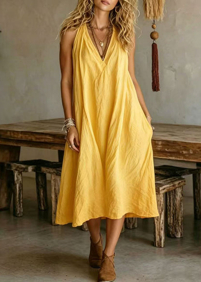 Simple Loose Yellow V Neck Cotton Maxi Dresses Sleeveless