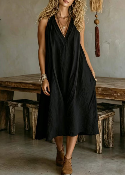Simple Loose Yellow V Neck Cotton Maxi Dresses Sleeveless