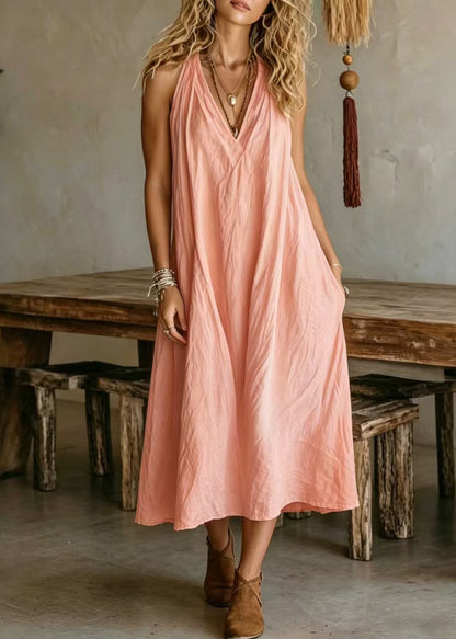 Simple Loose Yellow V Neck Cotton Maxi Dresses Sleeveless