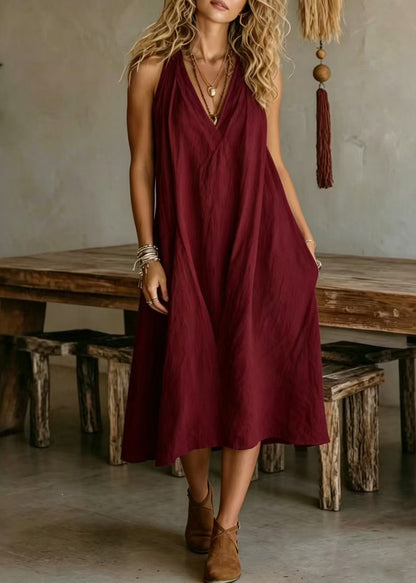 Simple Loose Yellow V Neck Cotton Maxi Dresses Sleeveless