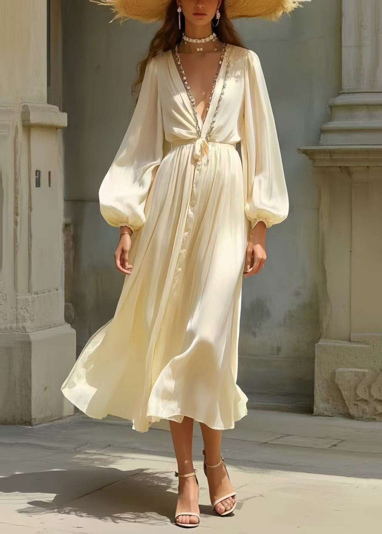 Simple Milk White Draping Silk Tunic Dress Spring