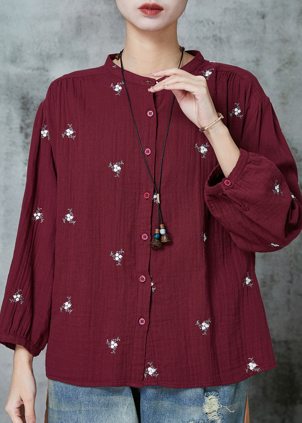 Simple Mulberry Embroidered Cotton Shirt Spring